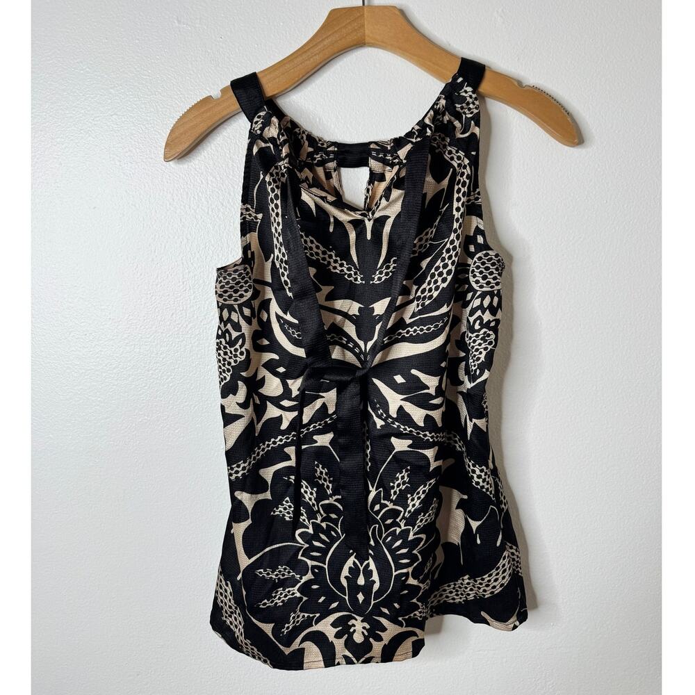 The Limited XS Black Tan Floral Dressy Halter Top Keyhole Neck Tie-Back Blouse - Picture 7 of 11